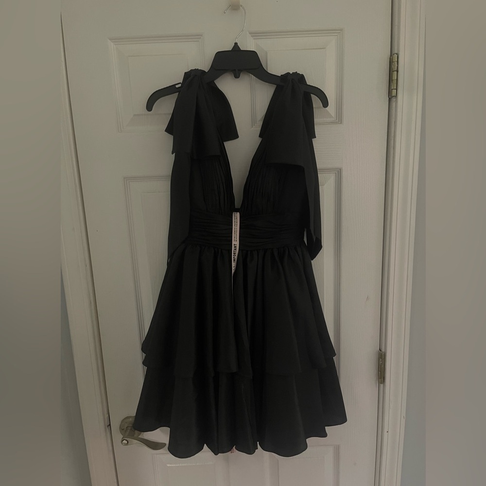 Black Oversized Bow Deep V Ruffle Mini Dress - Picture 3 of 9